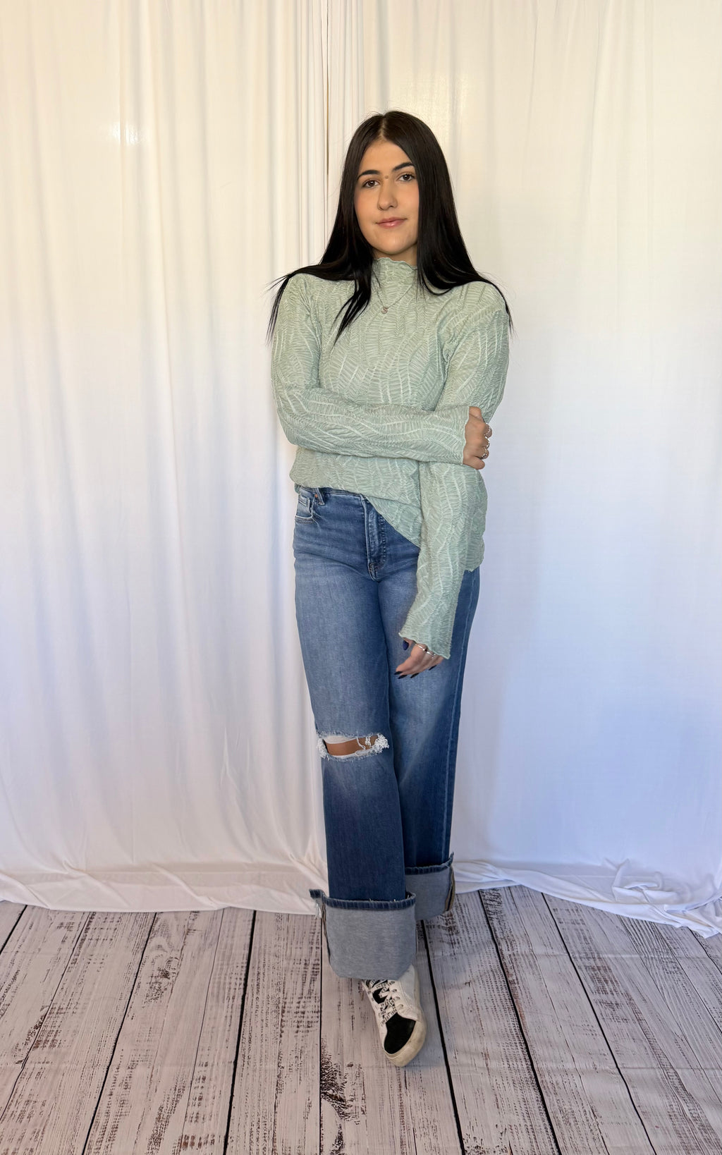 Sage Wave Mock Neck Top
