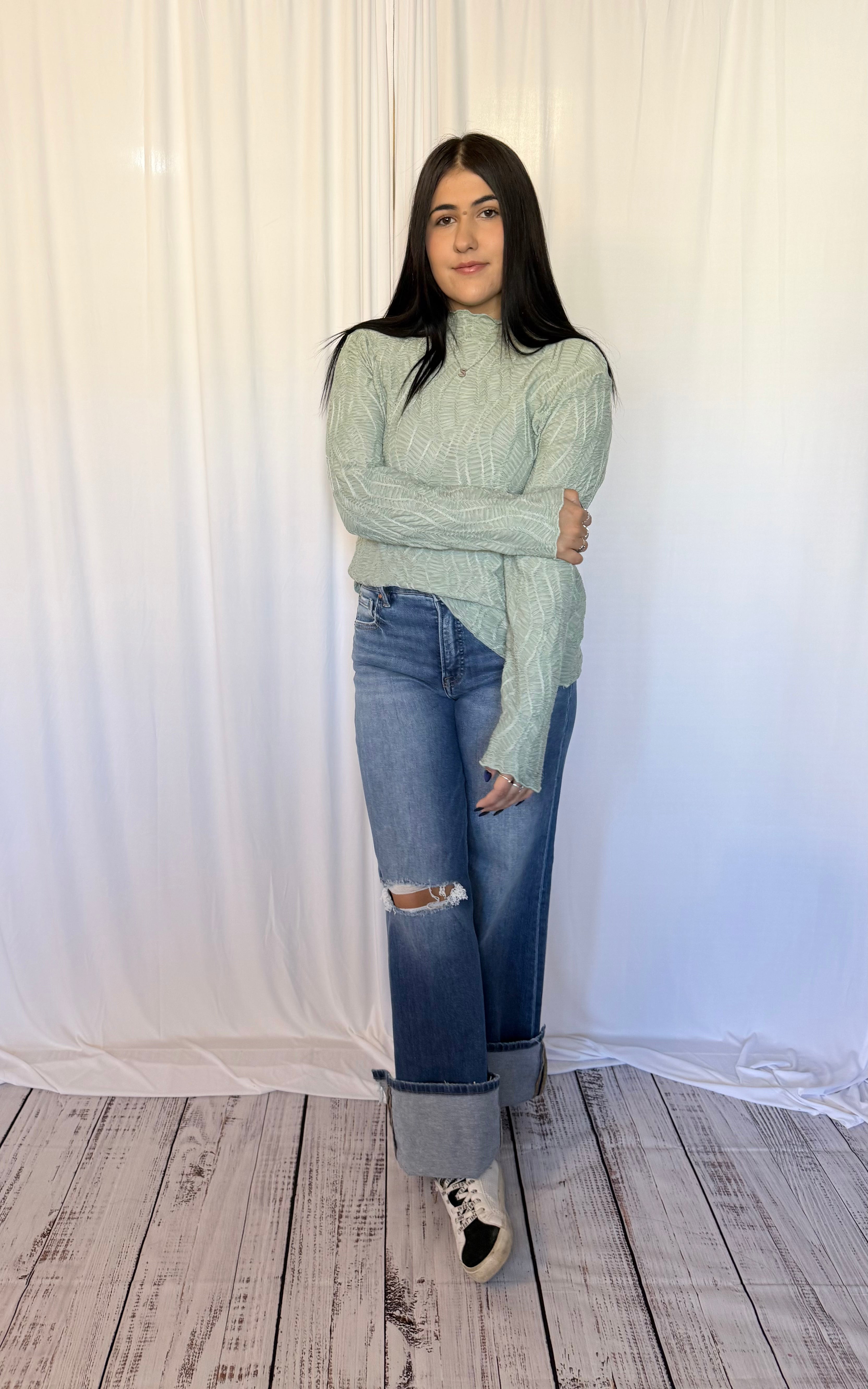 Sage Wave Mock Neck Top