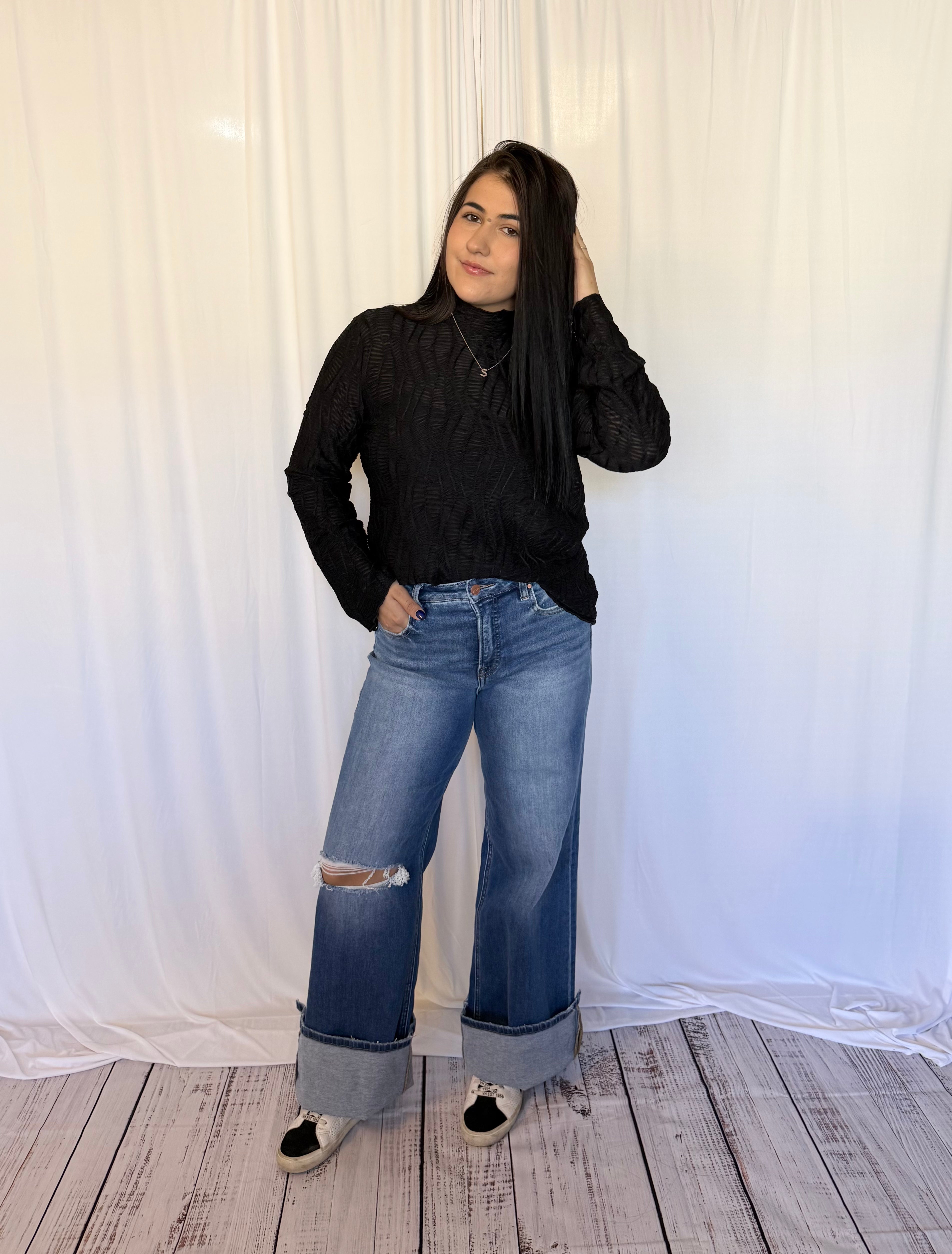 Black Wave Mock Neck Top