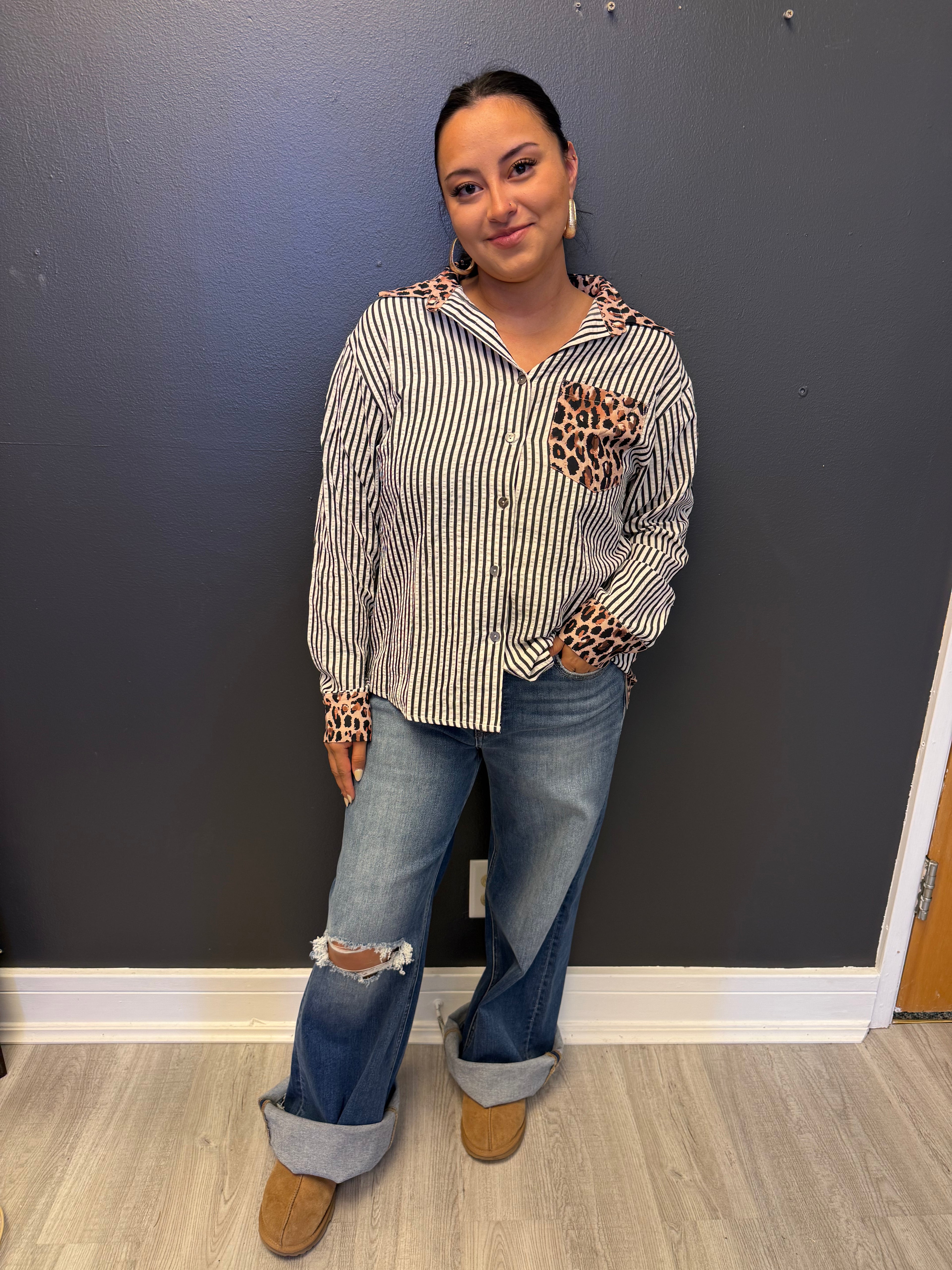 Leopard and Striped Button Down Top
